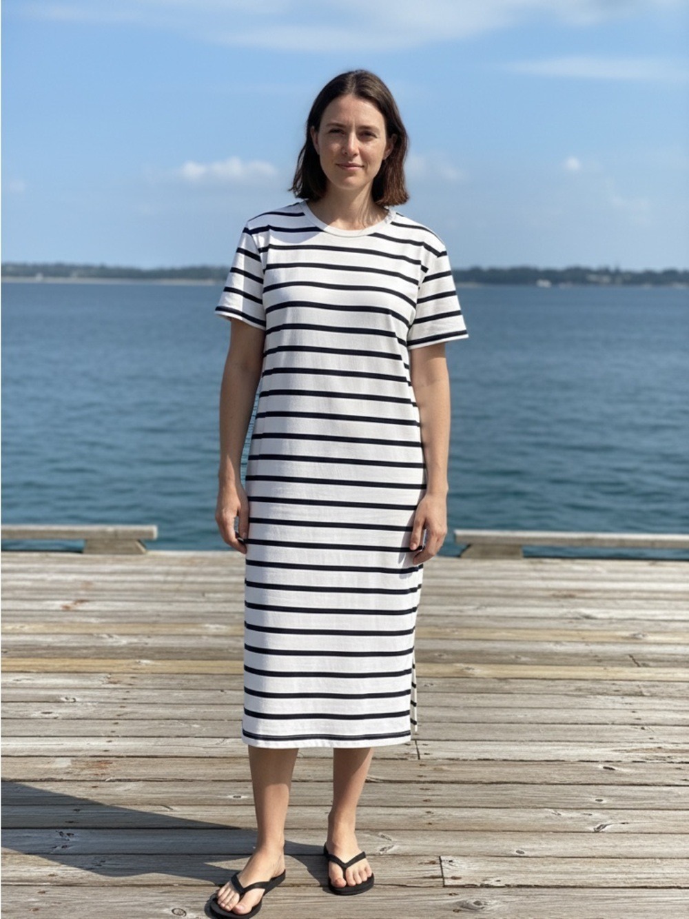 French Connection Striped Midi T-Shirt Dress XL Winter White Marine Nautical NEW